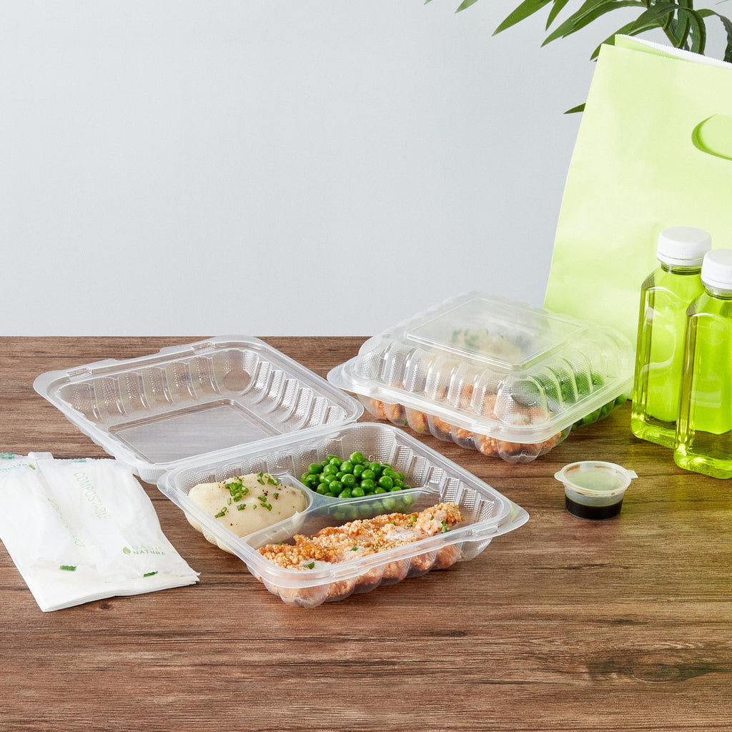 Chef 101 34 oz Square Clear Plastic Clamshell Container - 3 Compartments, Microwavable - 8" x 8" x 3" - 100 count box