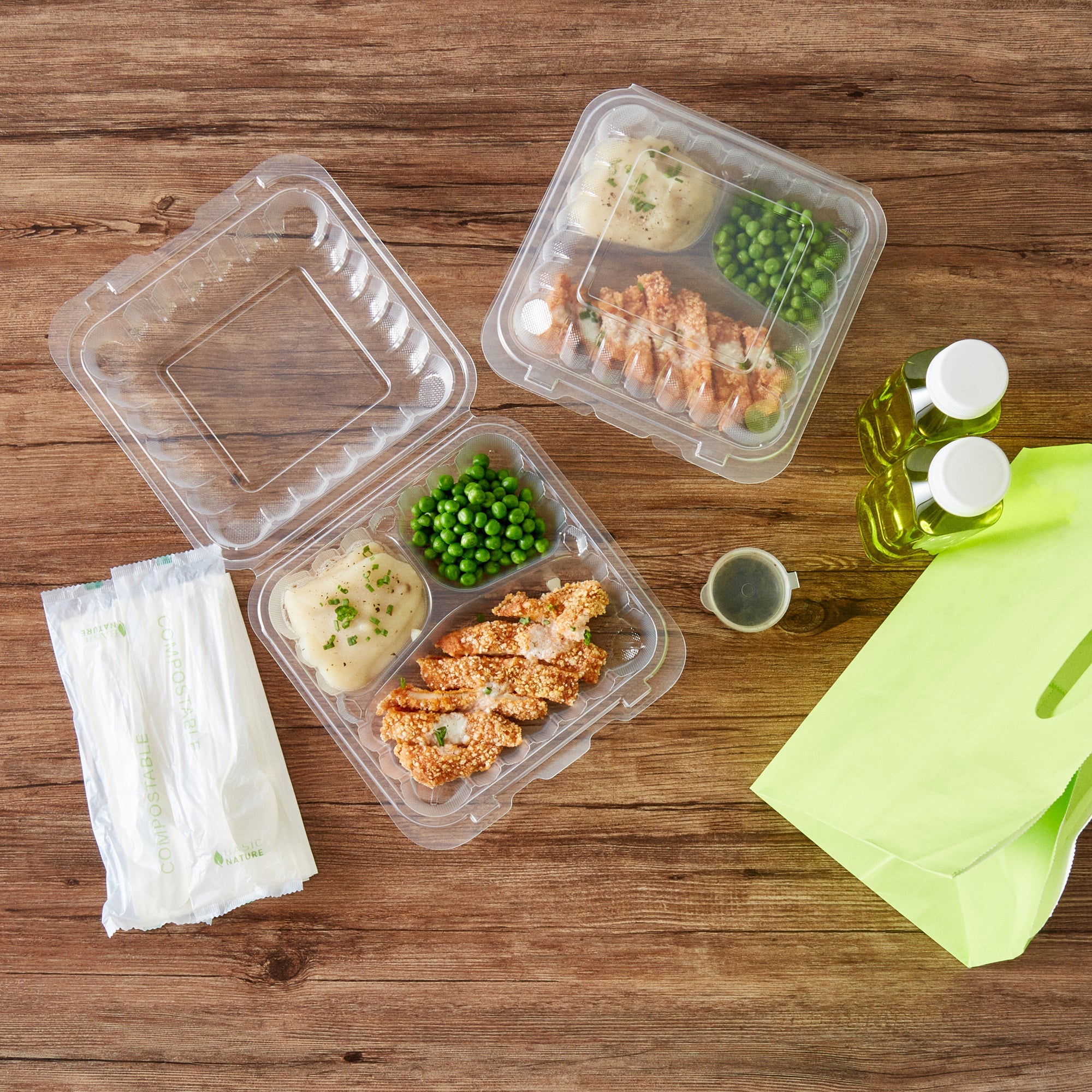 Chef 101 34 oz Square Clear Plastic Clamshell Container - 3 Compartments, Microwavable - 8" x 8" x 3" - 100 count box