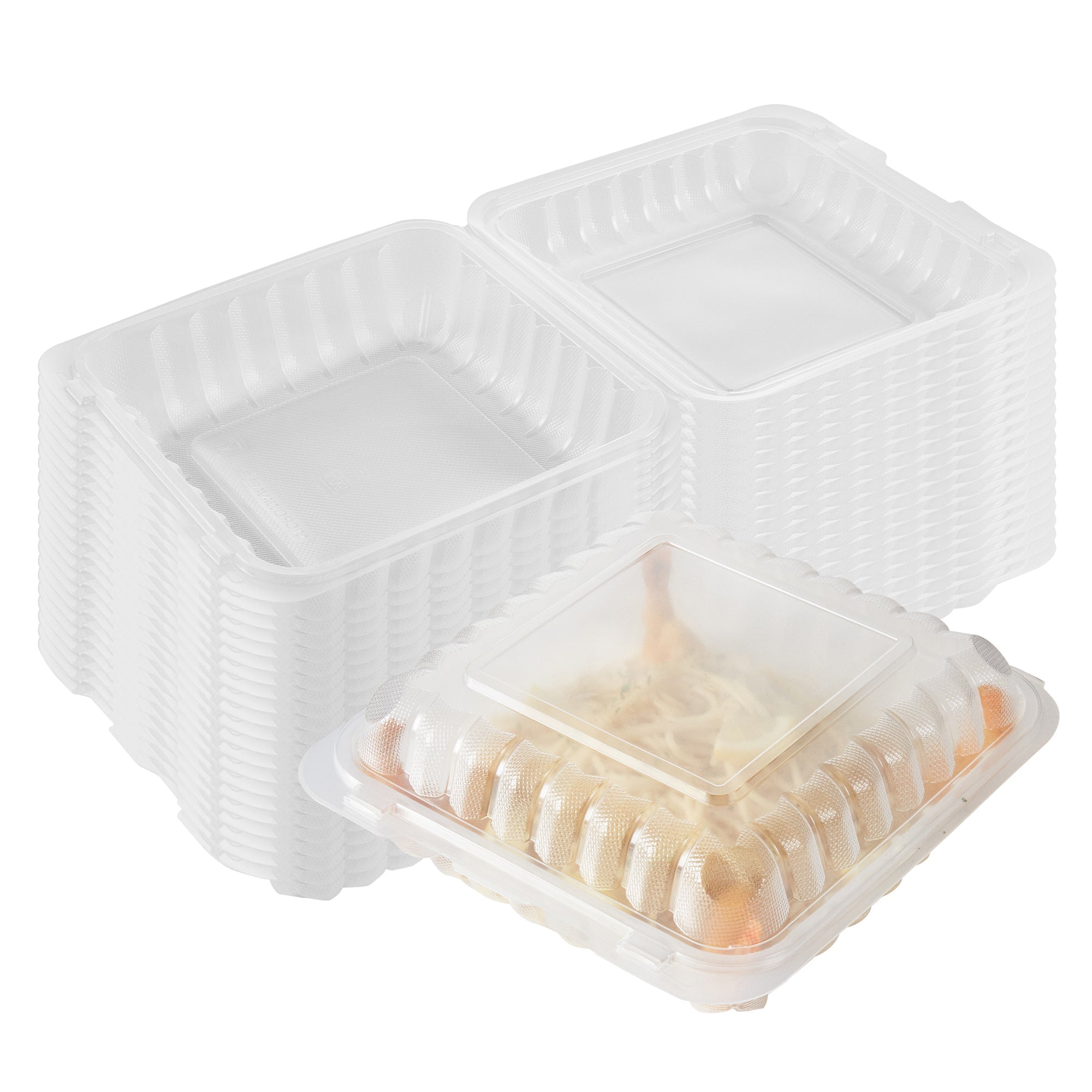 Chef 101 47 oz Square Clear Plastic Clamshell Container - Microwavable - 9" x 9" x 3 1/2" - 50 count box