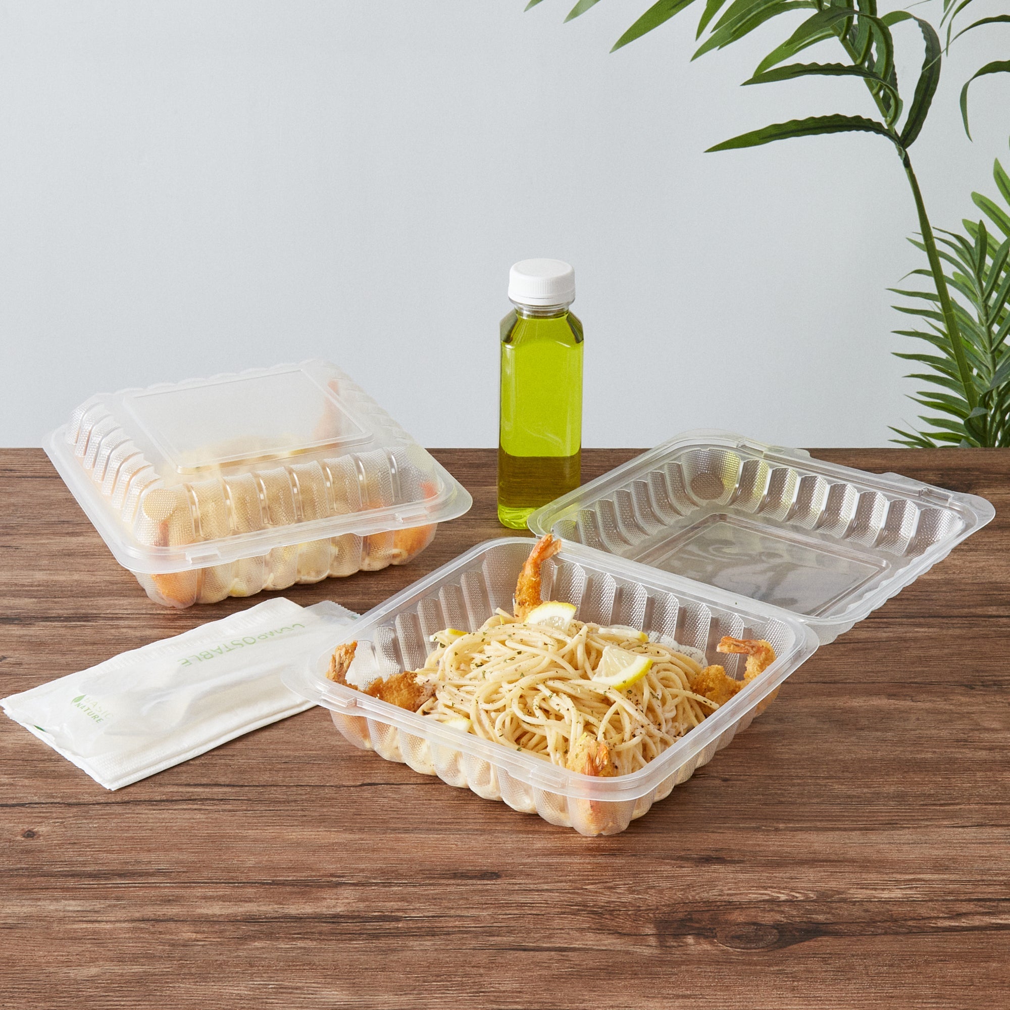Chef 101 47 oz Square Clear Plastic Clamshell Container - Microwavable - 9" x 9" x 3 1/2" - 50 count box