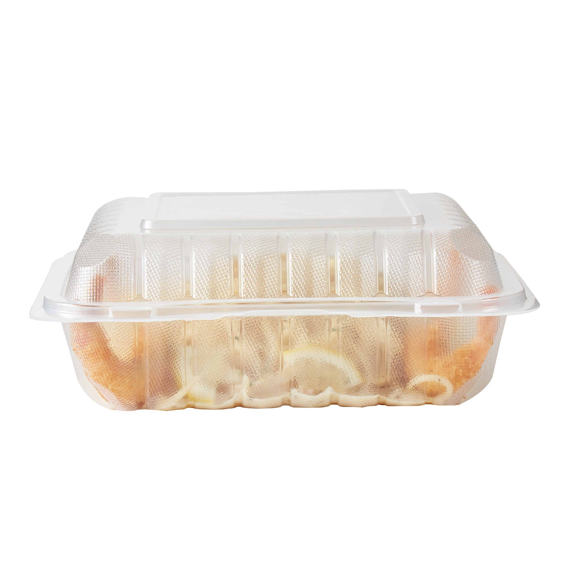Chef 101 47 oz Square Clear Plastic Clamshell Container - Microwavable - 9" x 9" x 3 1/2" - 50 count box