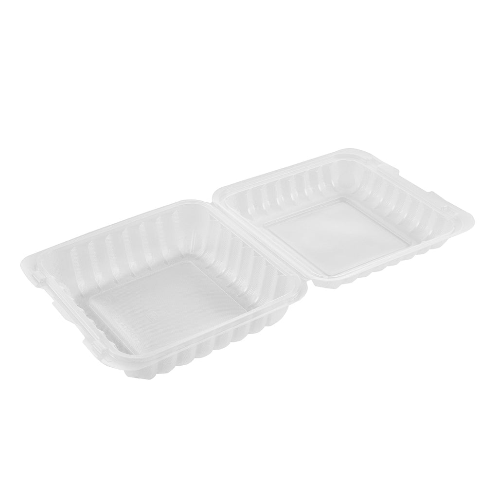 Chef 101 47 oz Square Clear Plastic Clamshell Container - Microwavable - 9" x 9" x 3 1/2" - 50 count box