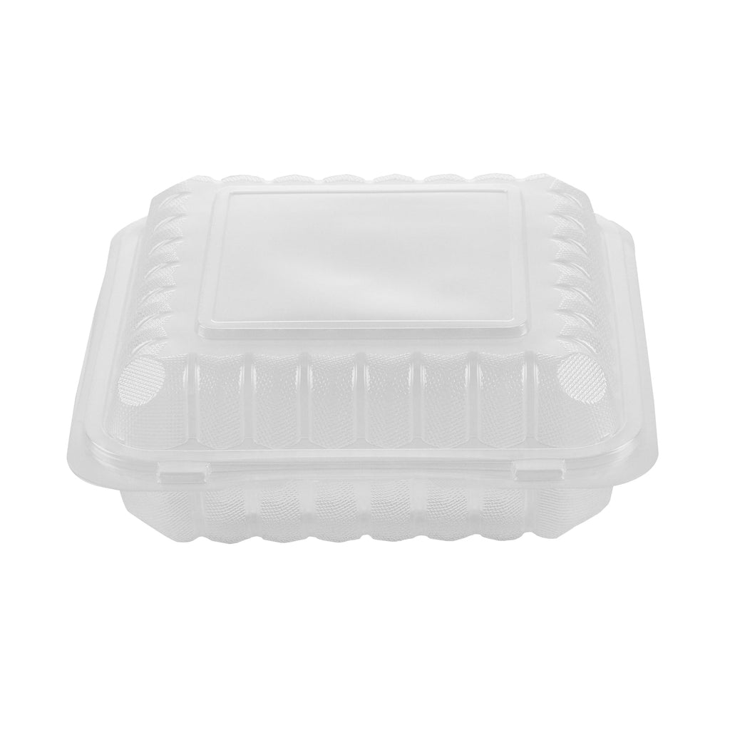 Chef 101 47 oz Square Clear Plastic Clamshell Container - Microwavable - 9" x 9" x 3 1/2" - 50 count box