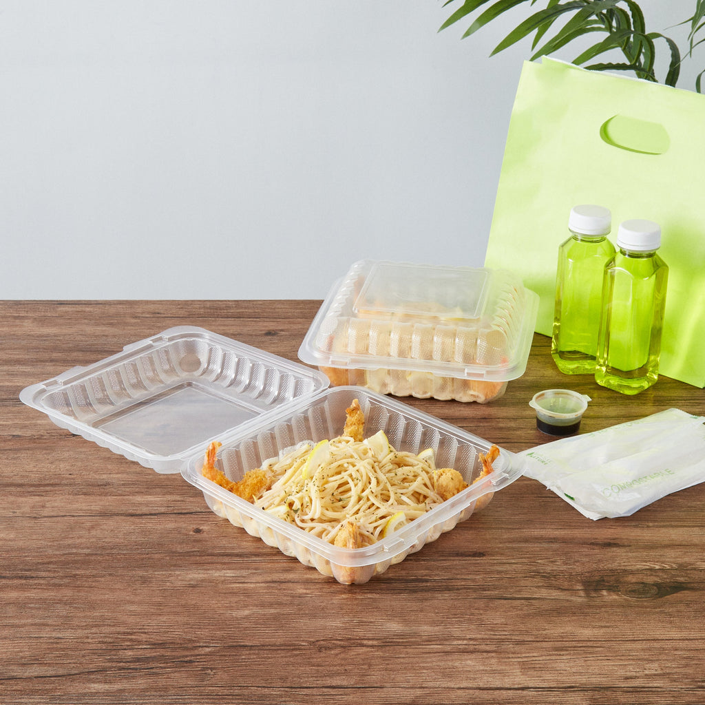 Chef 101 47 oz Square Clear Plastic Clamshell Container - Microwavable - 9" x 9" x 3 1/2" - 100 count box