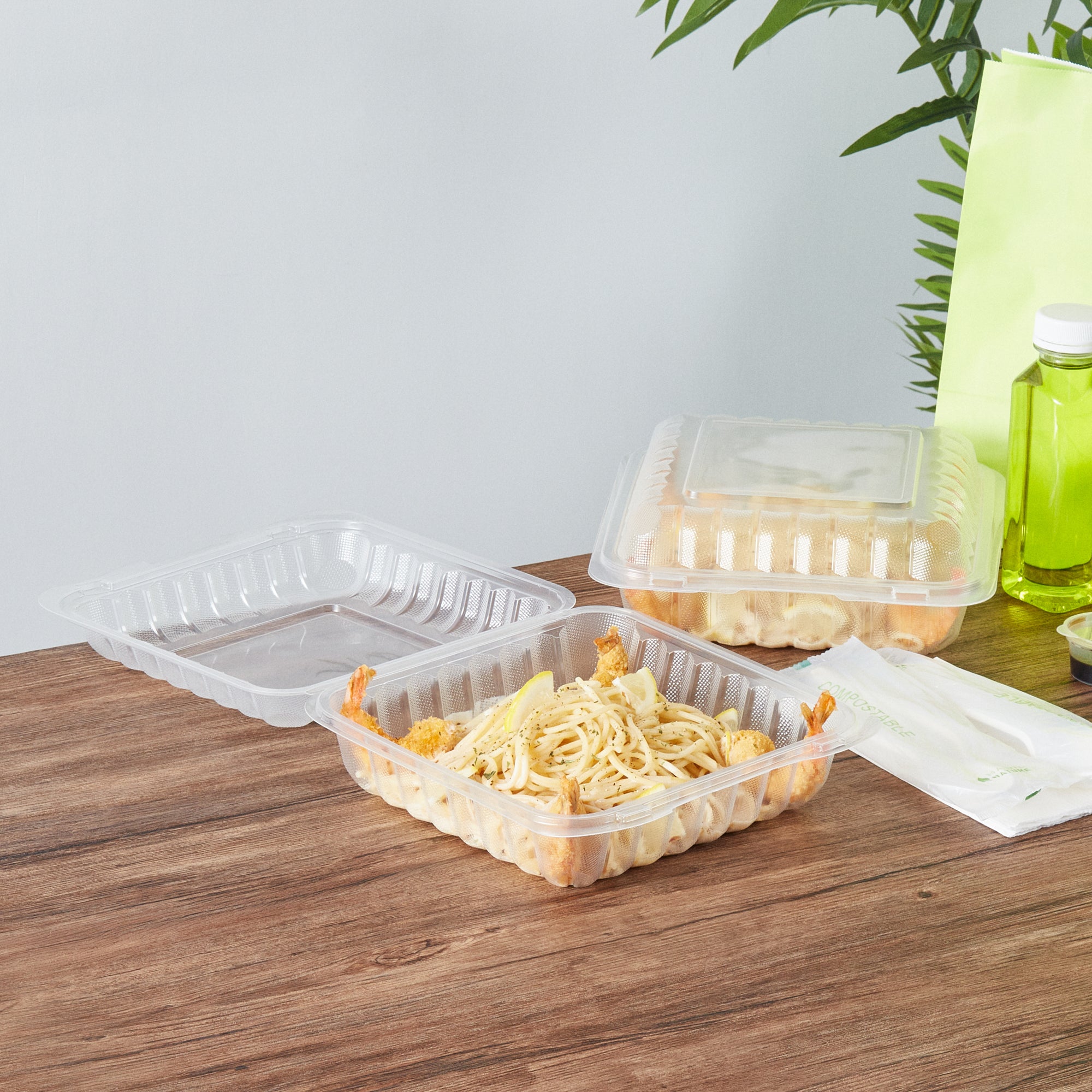 Chef 101 47 oz Square Clear Plastic Clamshell Container - Microwavable - 9" x 9" x 3 1/2" - 100 count box