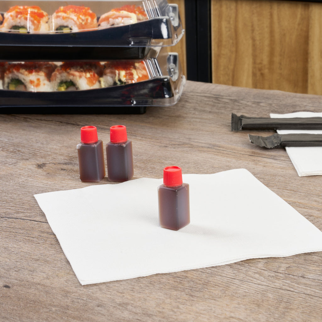 Bento Tek 6 mL Translucent Plastic Soy Sauce Bottle - with Red Cap - 1/2" x 1/2" x 1 3/4" - 1000 count box