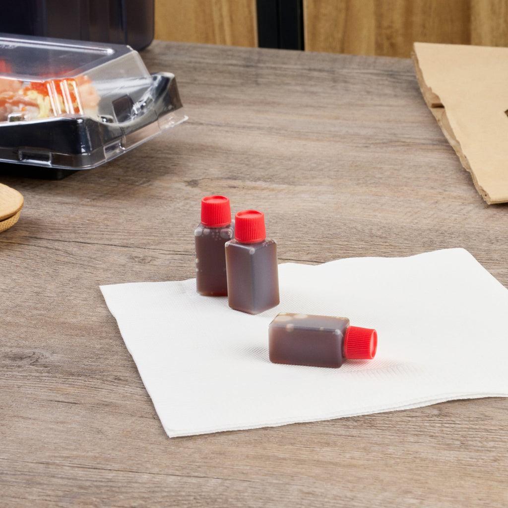 Bento Tek 6 mL Translucent Plastic Soy Sauce Bottle - with Red Cap - 1/2" x 1/2" x 1 3/4" - 1000 count box