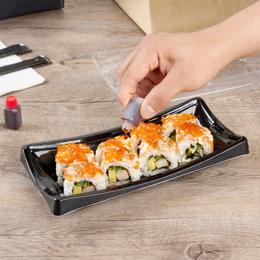 Bento Tek 6 mL Translucent Plastic Soy Sauce Bottle - with Red Cap - 1/2" x 1/2" x 1 3/4" - 1000 count box