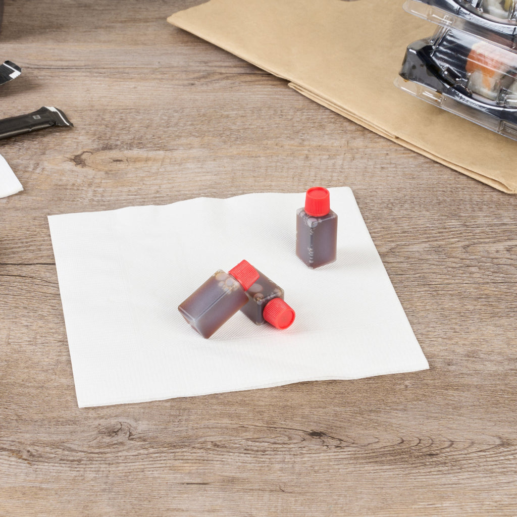 Bento Tek 6 mL Translucent Plastic Soy Sauce Bottle - with Red Cap - 1/2" x 1/2" x 1 3/4" - 1000 count box