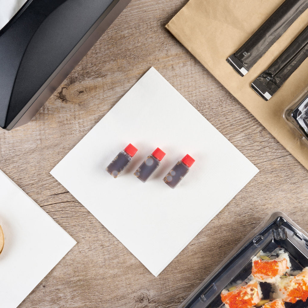 Bento Tek 6 mL Translucent Plastic Soy Sauce Bottle - with Red Cap - 1/2" x 1/2" x 1 3/4" - 1000 count box