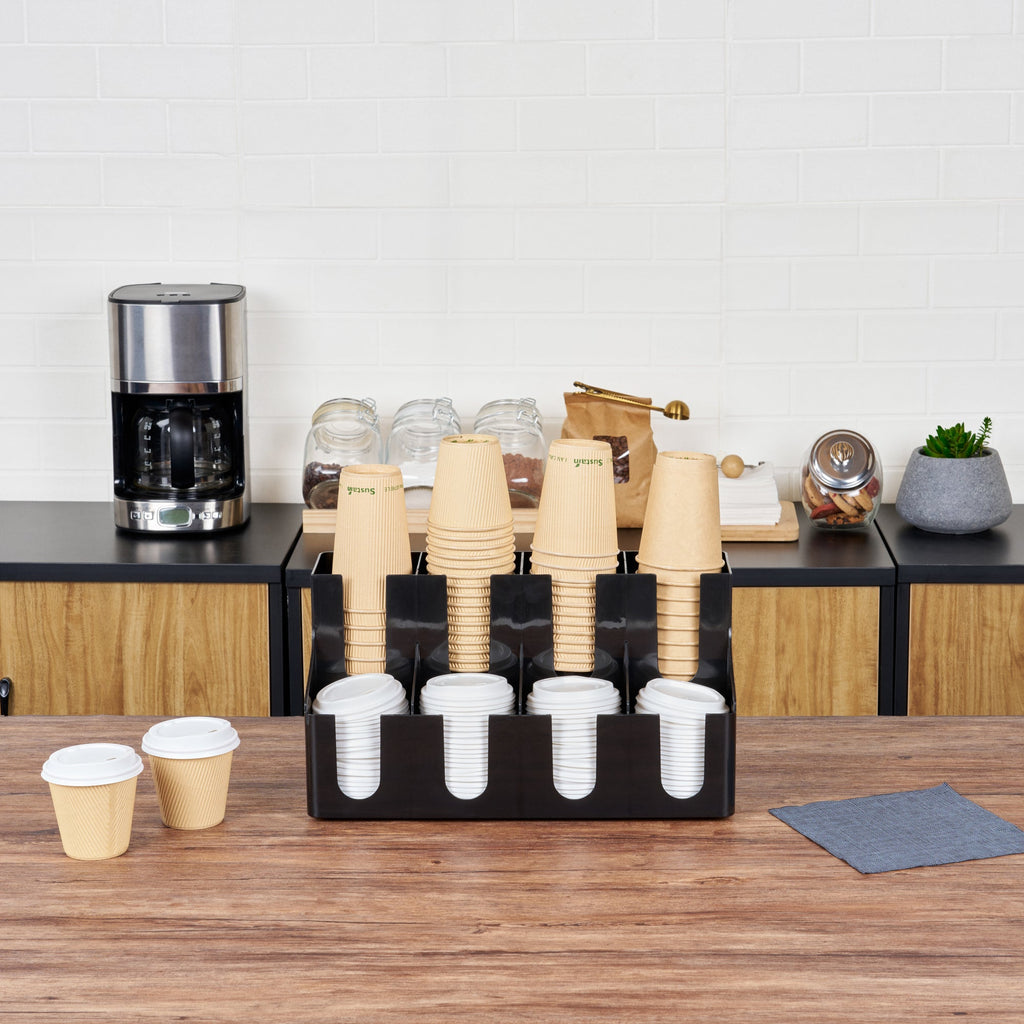 Restpresso Black Plastic Coffee Cup / Lid Organizer - 8 Section - 16 1/4" x 8 1/4" x 8 3/4" - 1 count box