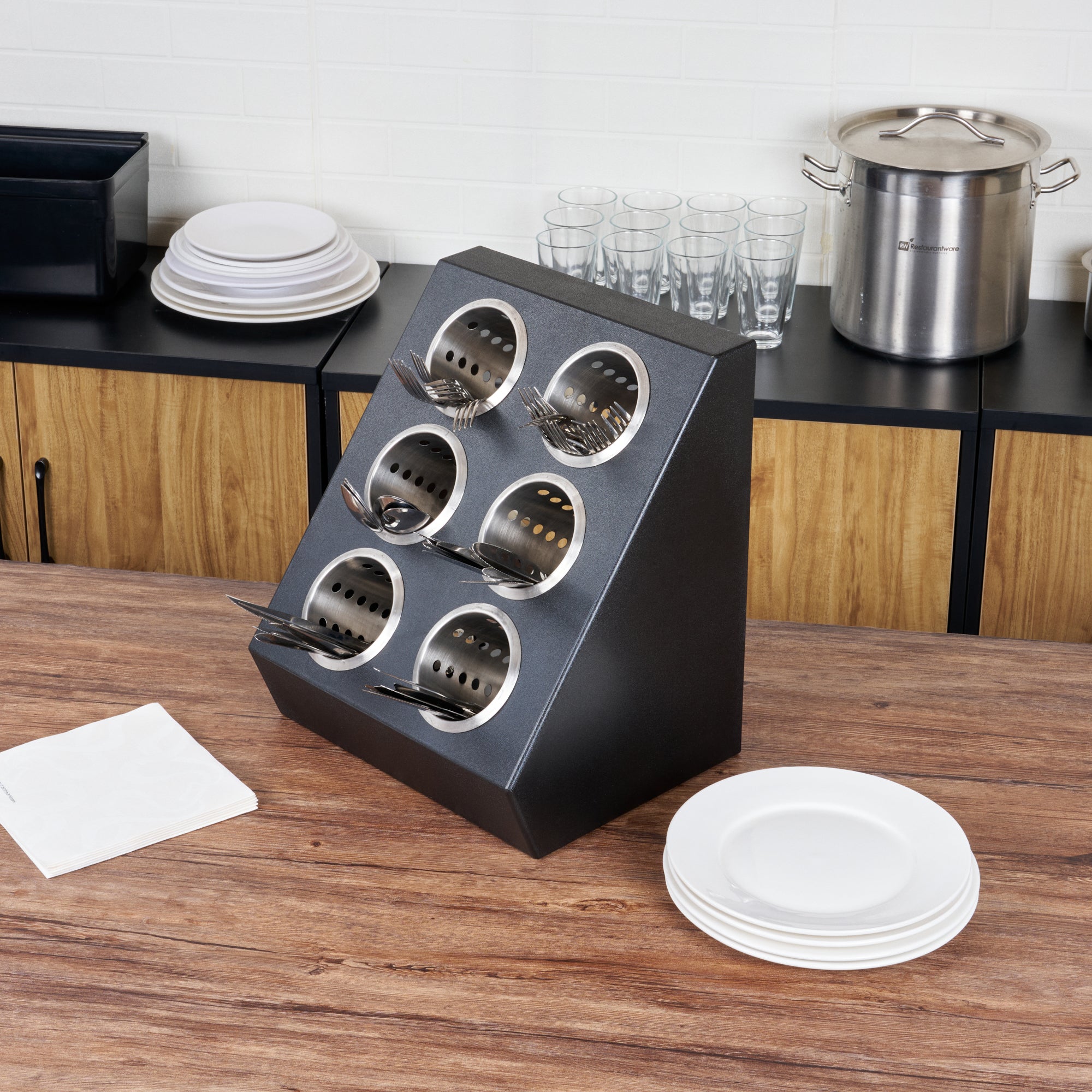 Met Lux Black Plastic Flatware Organizer - 6 Holes, Stainless Steel Cylinders - 1 count box