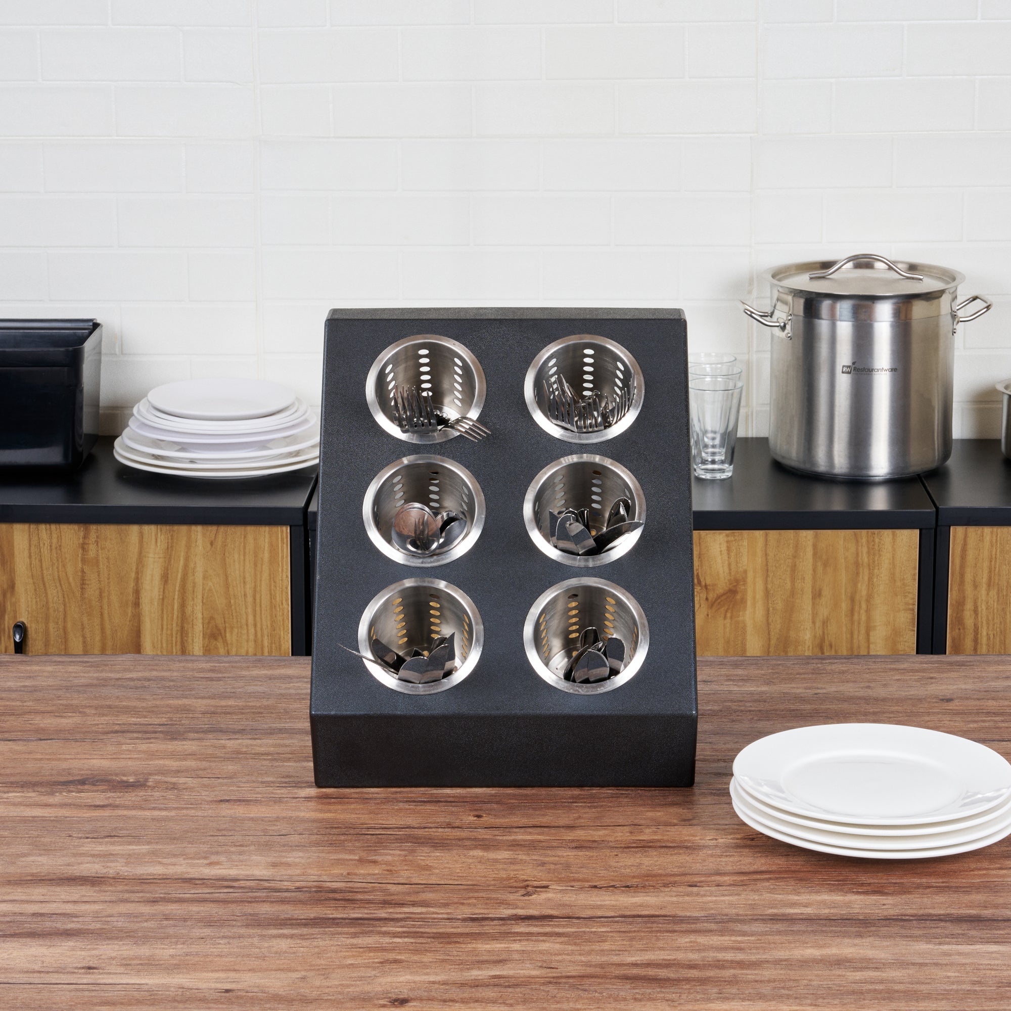 Met Lux Black Plastic Flatware Organizer - 6 Holes, Stainless Steel Cylinders - 1 count box