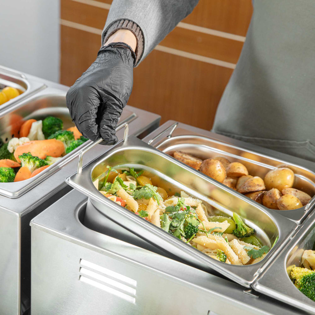 Met Lux Rectangle Stainless Steel 1/4 Size Steam Table Pan - 4 Inch Deep - Anti Jam, Collapsible Handles - 1 count box
