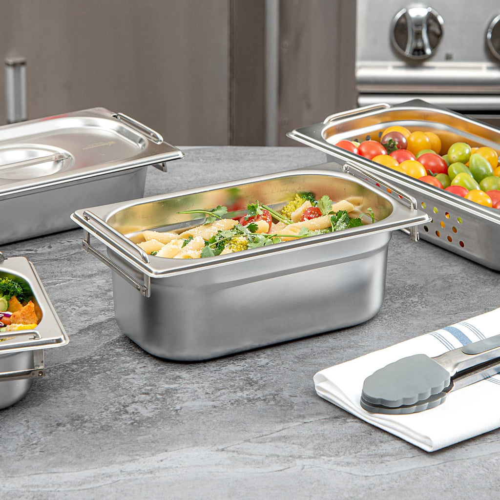 Met Lux Rectangle Stainless Steel 1/4 Size Steam Table Pan - 4 Inch Deep - Anti Jam, Collapsible Handles - 1 count box