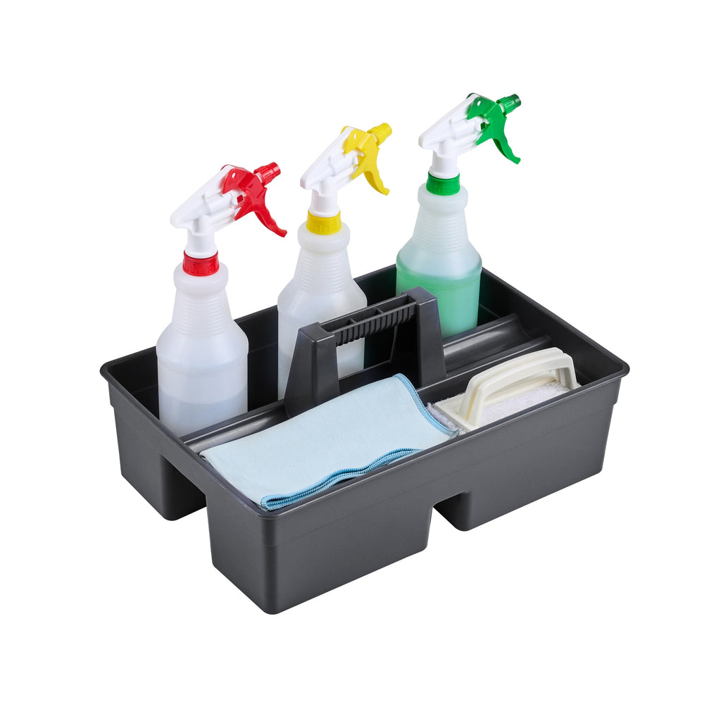 RW Clean Black Plastic Cleaning Caddy - 3 Compartments, with Handle - 16" x 10 1/2" x 7" - 1 count box