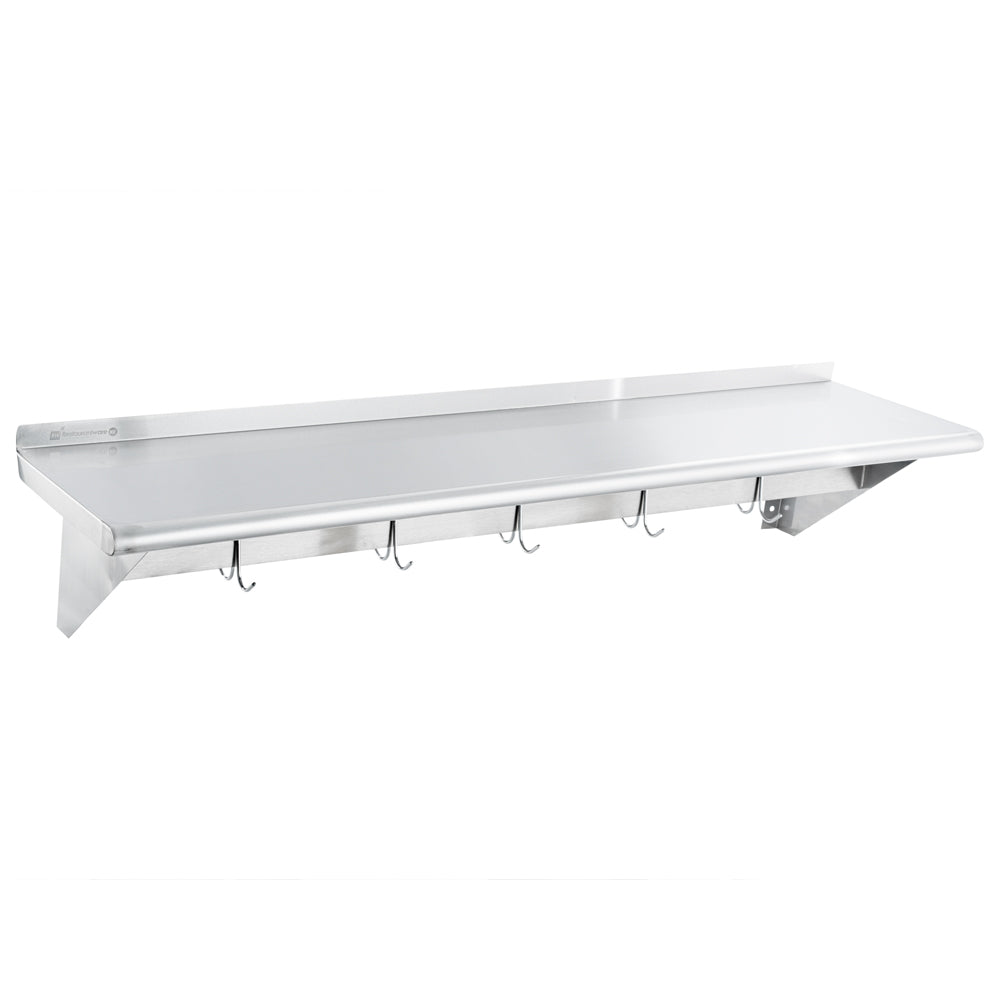 Kitchen Tek 430 Stainless Steel Wall Mounted Pot Rack - with Shelf, 5 Galvanized Hooks - 15" x 60" - 1 count box