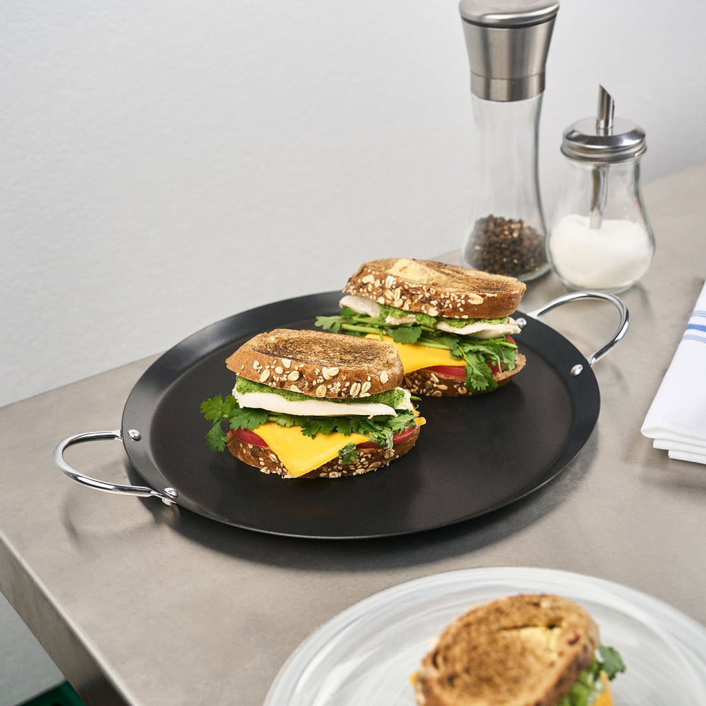 Met Lux Round Carbon Steel Griddle - Non-Stick, with Chrome Handles - 11" - 1 count box