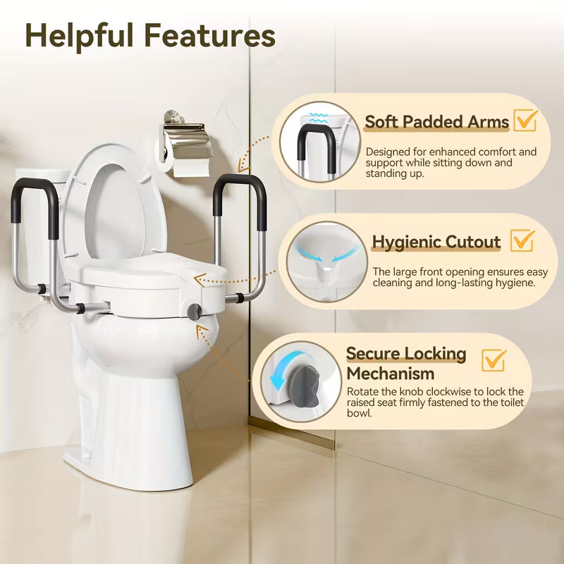 Raised Toilet Seat, 4.5 Riser with Adjustable Soft Padded Arms