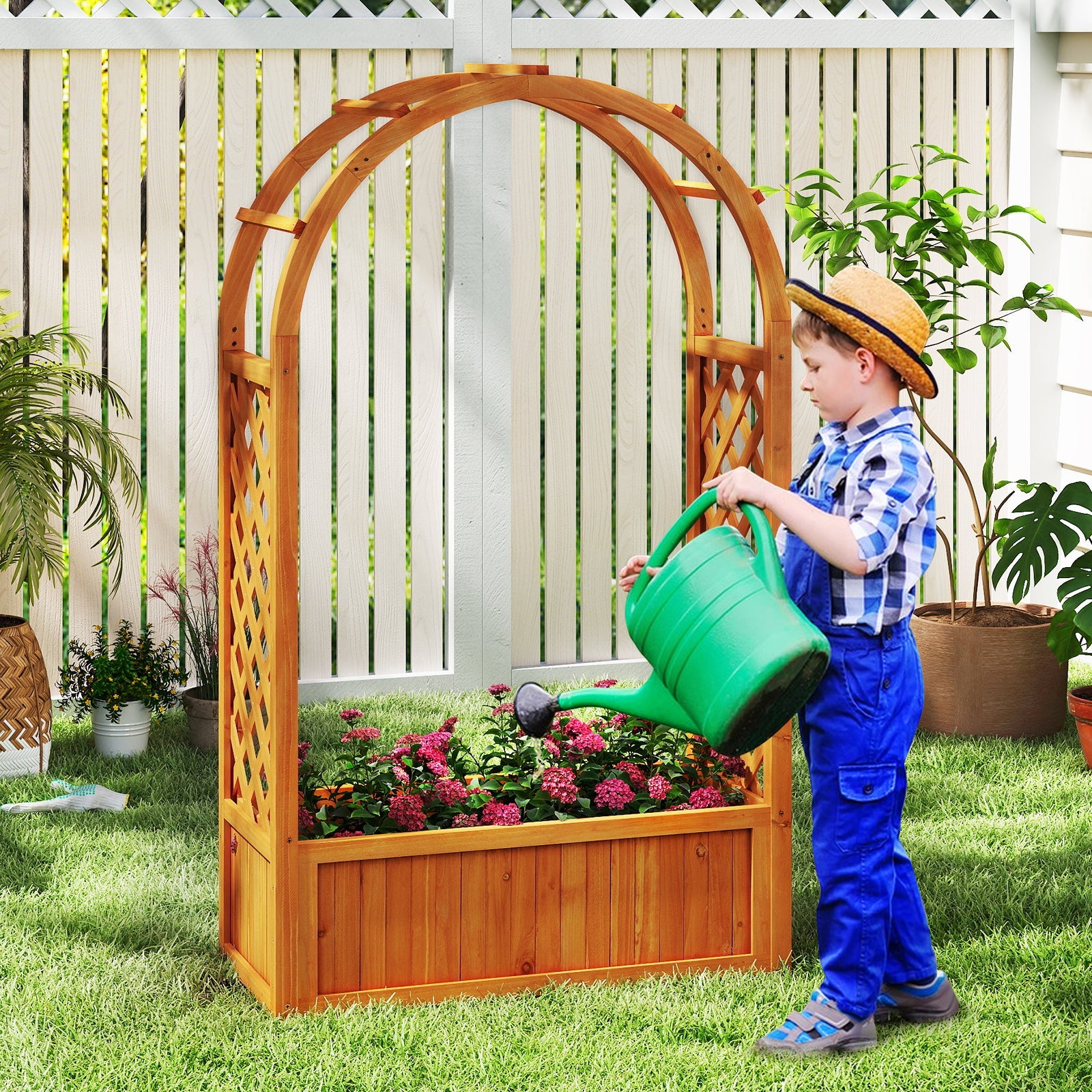 Raised Garden Bed with Lattice Trellis Ached Roof Wooden Elevated Planter Box-Brown