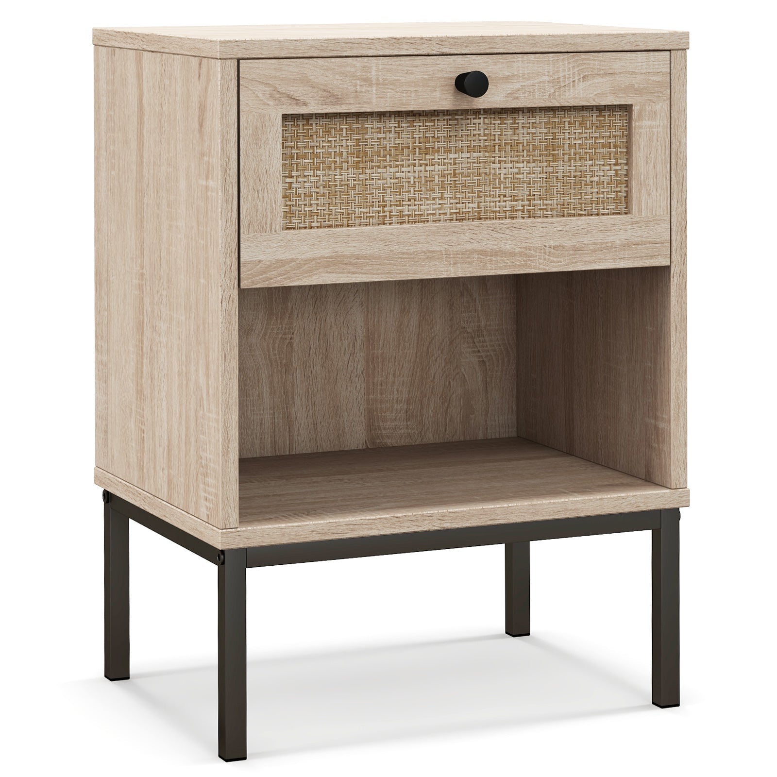 Rattan Nightstand Boho End Table with Rattan Drawer and Open Shelf