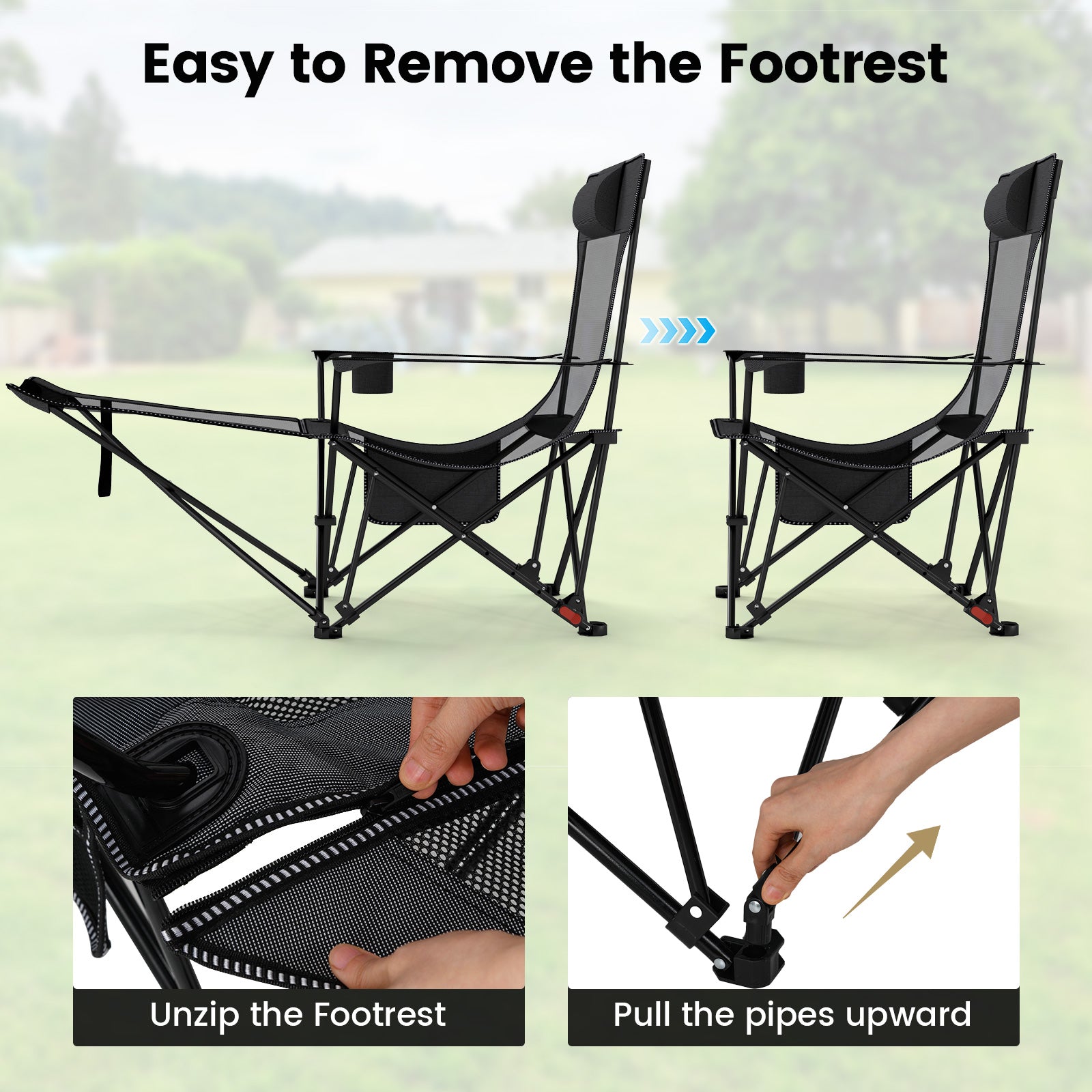 Reclining Camping Chair with Removable Footrest and Adjustable Backrest
