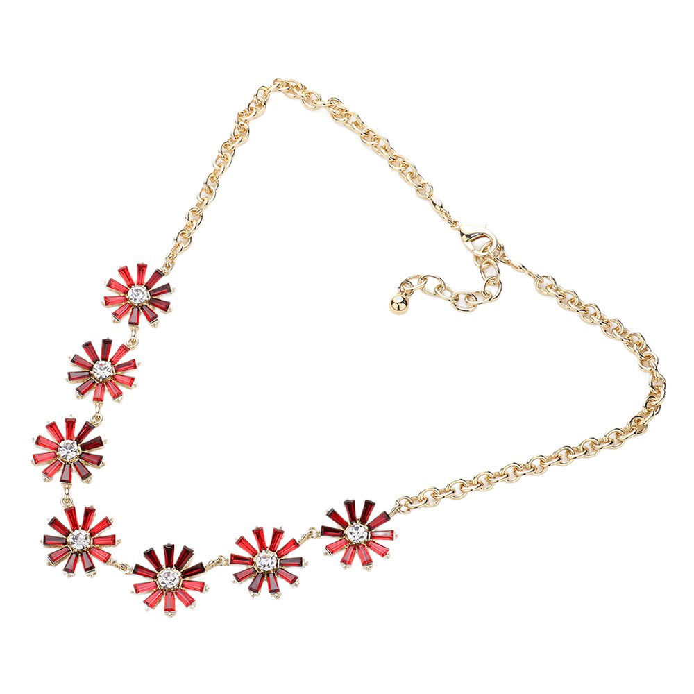 Glass Stone Embellished Flower Cluster Link Necklace