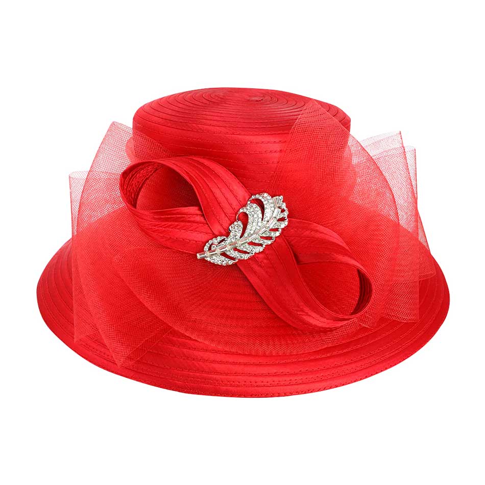 Rhinestone Embellished Feather Accented Mesh Bow Dressy Hat