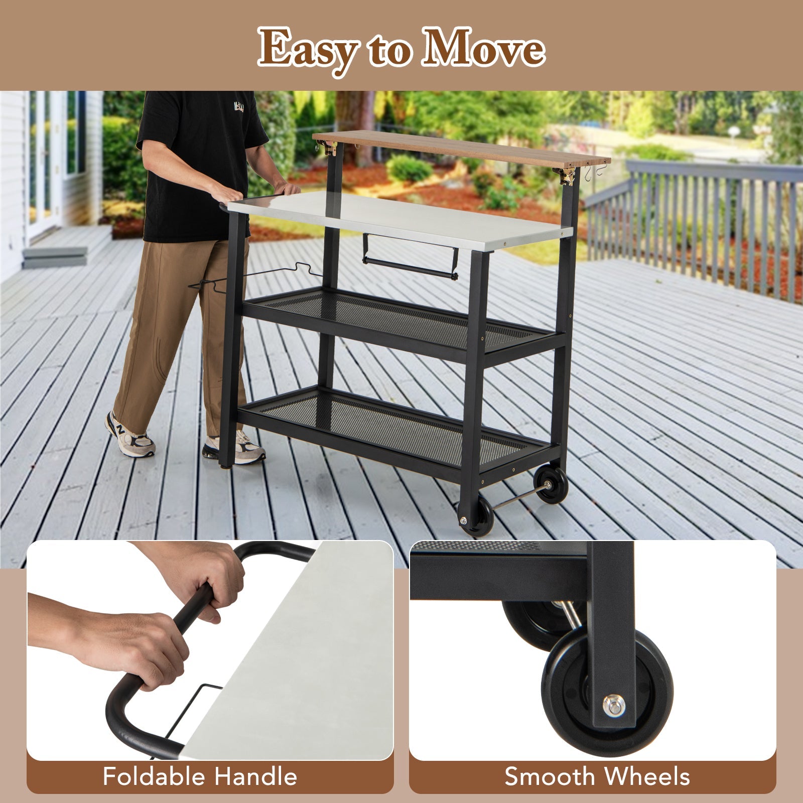 Rolling Bar Cart with Flip-up Table and Hooks for Kitchen