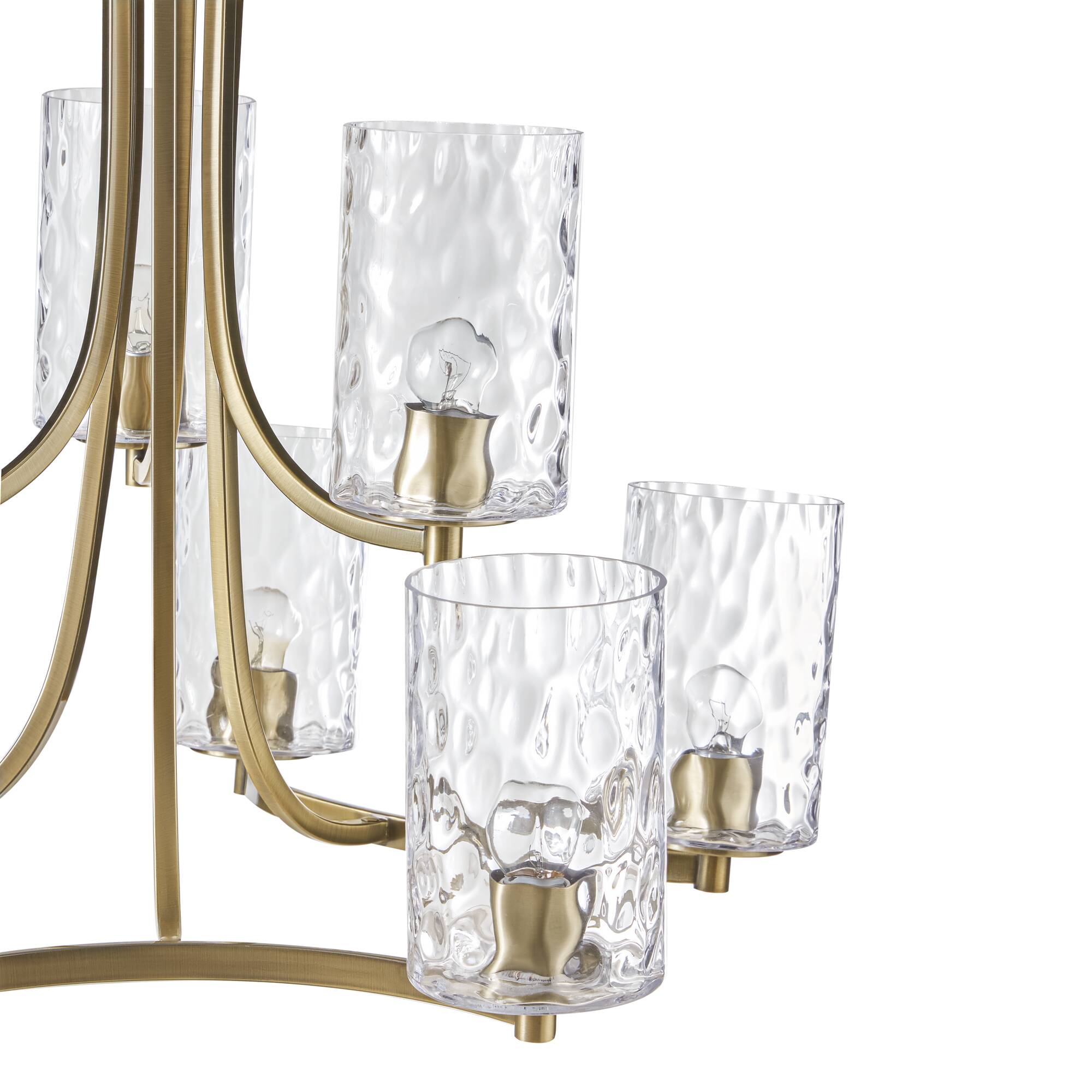 9-Light Tiered Round Chandelier | Antique Brass Finish with Textured Glass Cylindrical Shades — Adjustable Height, Dining Room & Foyer