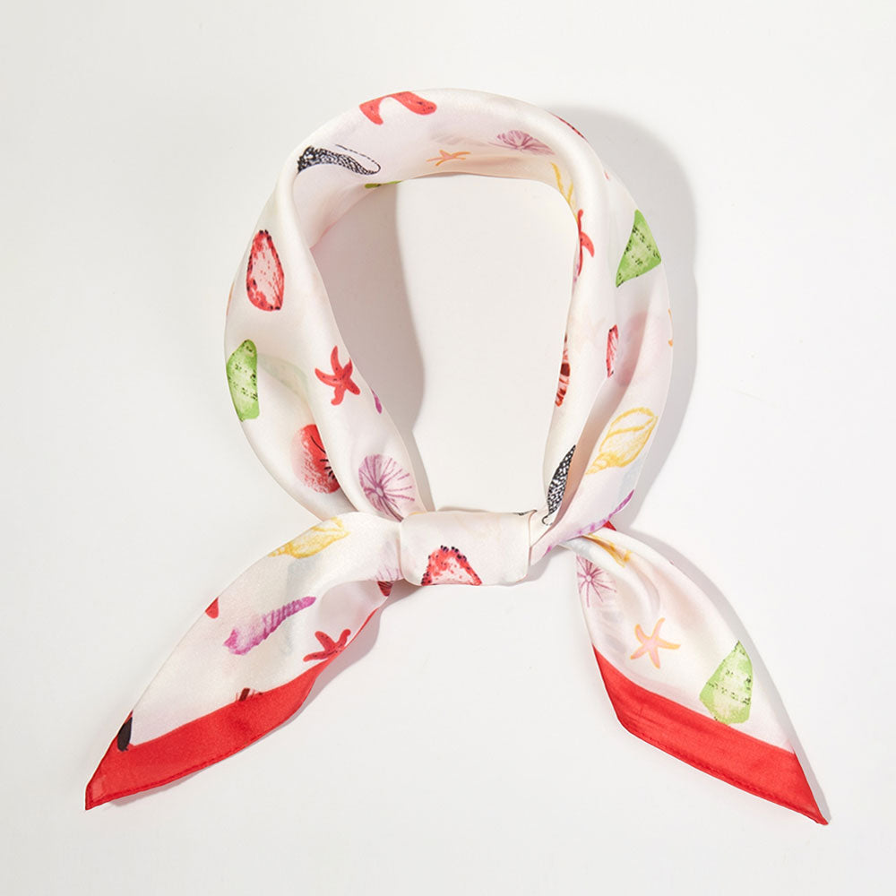 Coastal Watercolor Seashell Starfish Pattern Printed Square Silky Satin Bandana Scarf