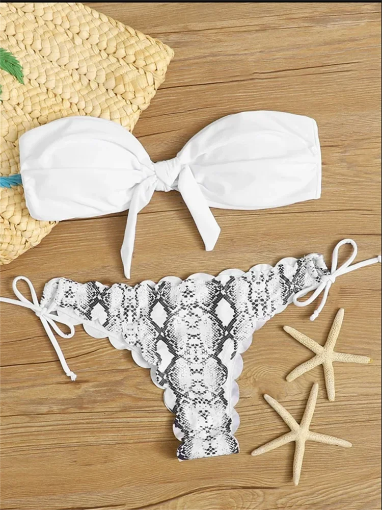 Beach Bikini 2025 Woman Sexy Front Lace Up Tie Bandeau Leopard Swimsuit Female Push Up Ruffled Bow Bathing Suit Thong Swimwear