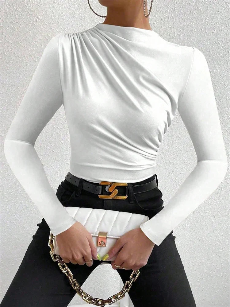 Casual Pleated Mock Neck Long Sleeve T-shirt for Women Autumn Winter Spring Solid Color Ruched Skinny Slim Fit Blouse Top Tshirt
