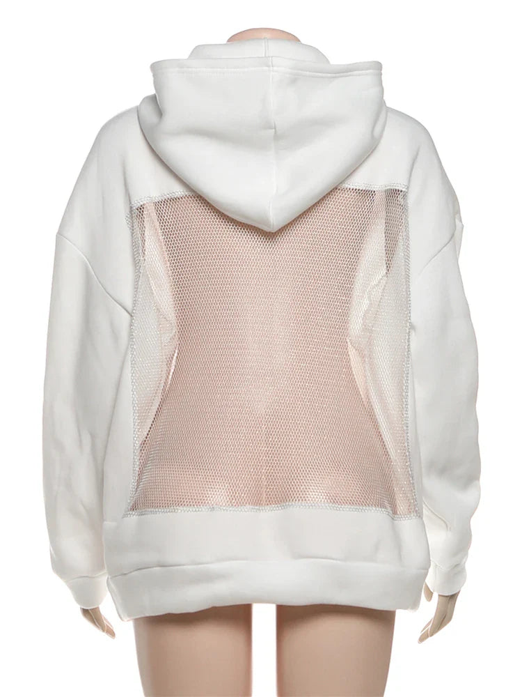 Sisterlinda Hooded Harajuku Sweatshirt Women Autumn Trend Backless ShinyThrea Mesh Patchwork Casual Street Hipster Pulloverr