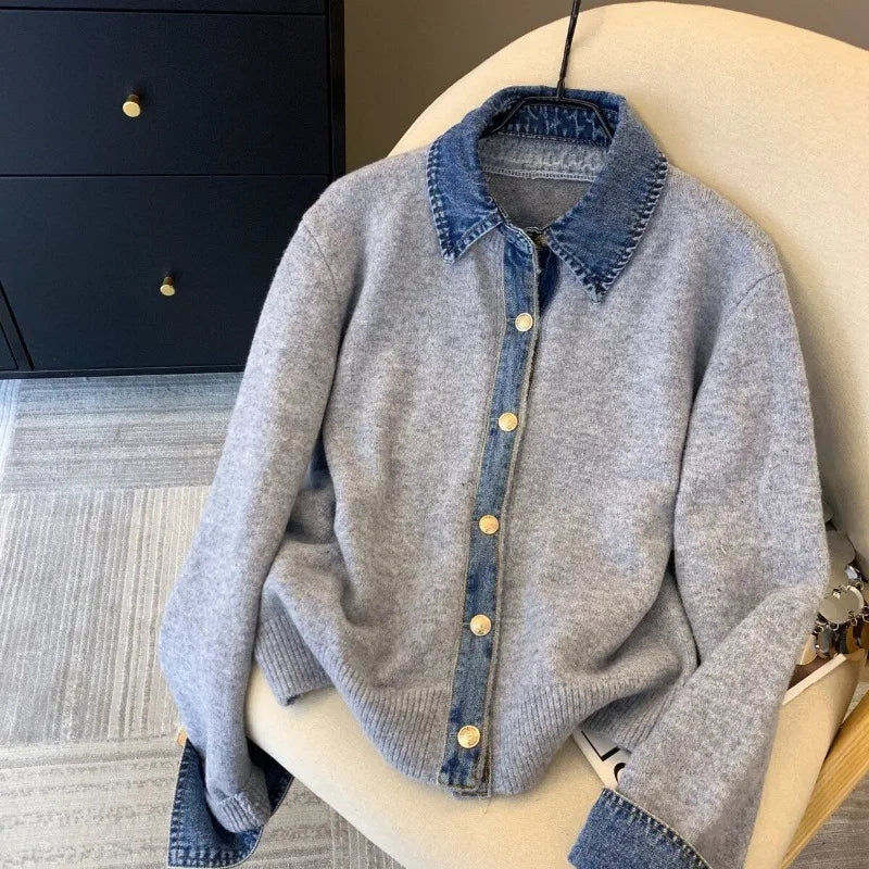 Chic Denim Collar Stitching Fake Two-piece Sweater Women's Cardigan New Single Breasted Knitted Jacket Coat Female Outwear