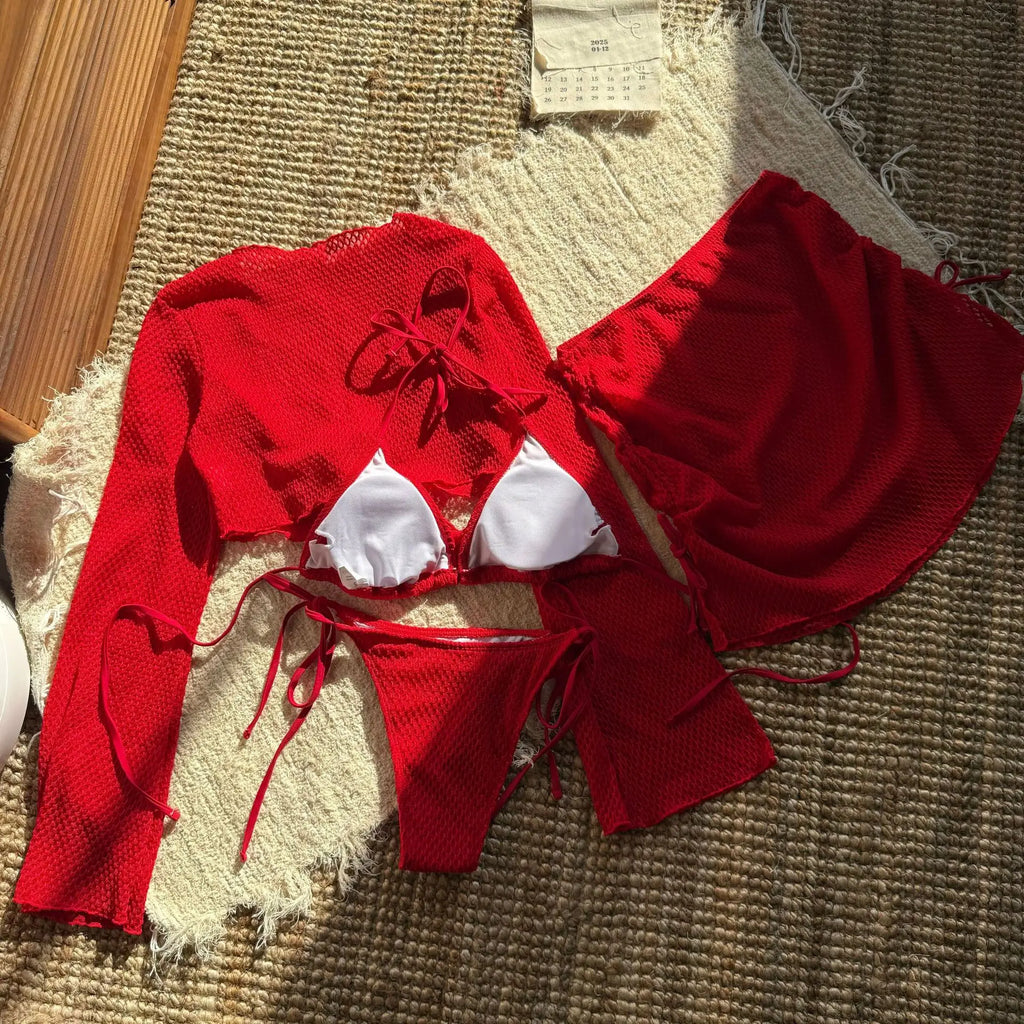 Summer Holiday 4 Piece Bikini Set 2025 Women Sexy White Long Sleeve Cover Up and Skirt Swimsuit Beach Bathing Suit Pool Swimwear