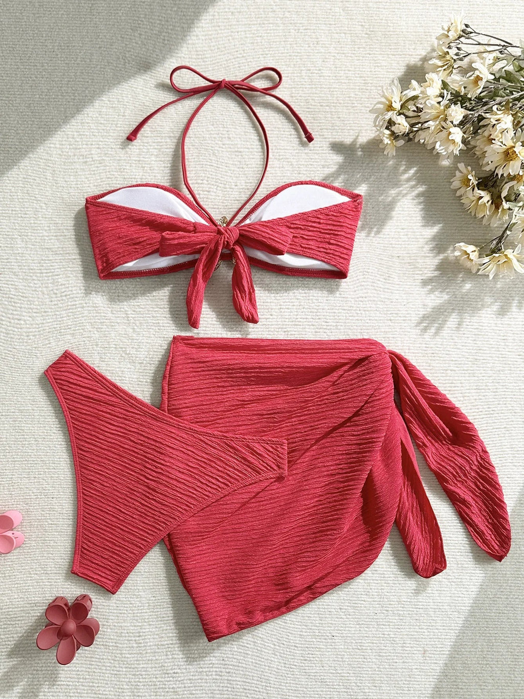 Sexy Metal Starfish Bikinis Set Women Brown Bandeau Push Up Mesh Skirt 3 Piece Swimsuit 2025 Beach Bathing Suit Holiday Swimwear