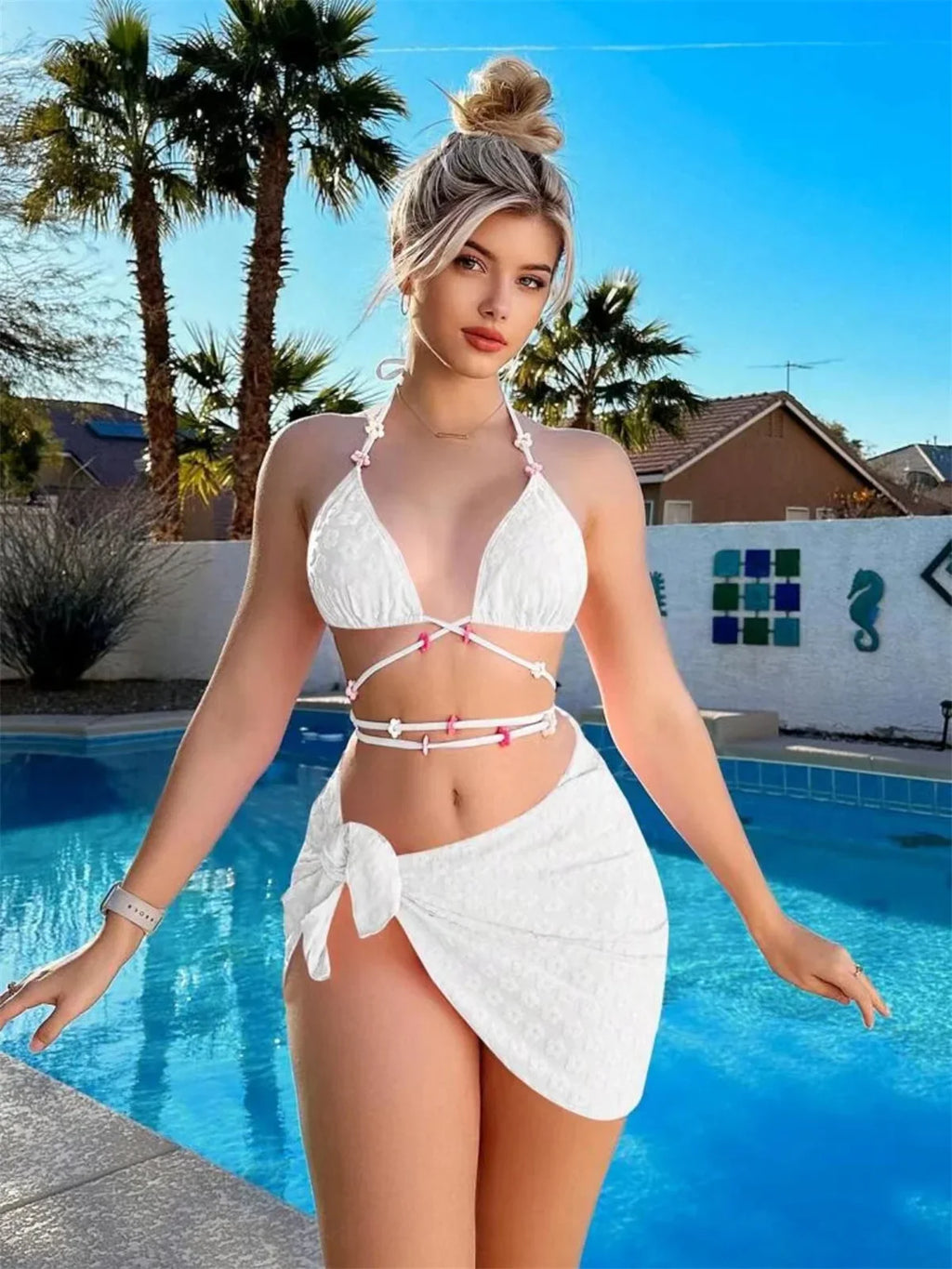 Mesh Skirt Pleated Bikini Set Women Blue White Floral Designer Criss Cross Swimsuit 3 Piece Bathing Suit Cover Up Swimwear 2024