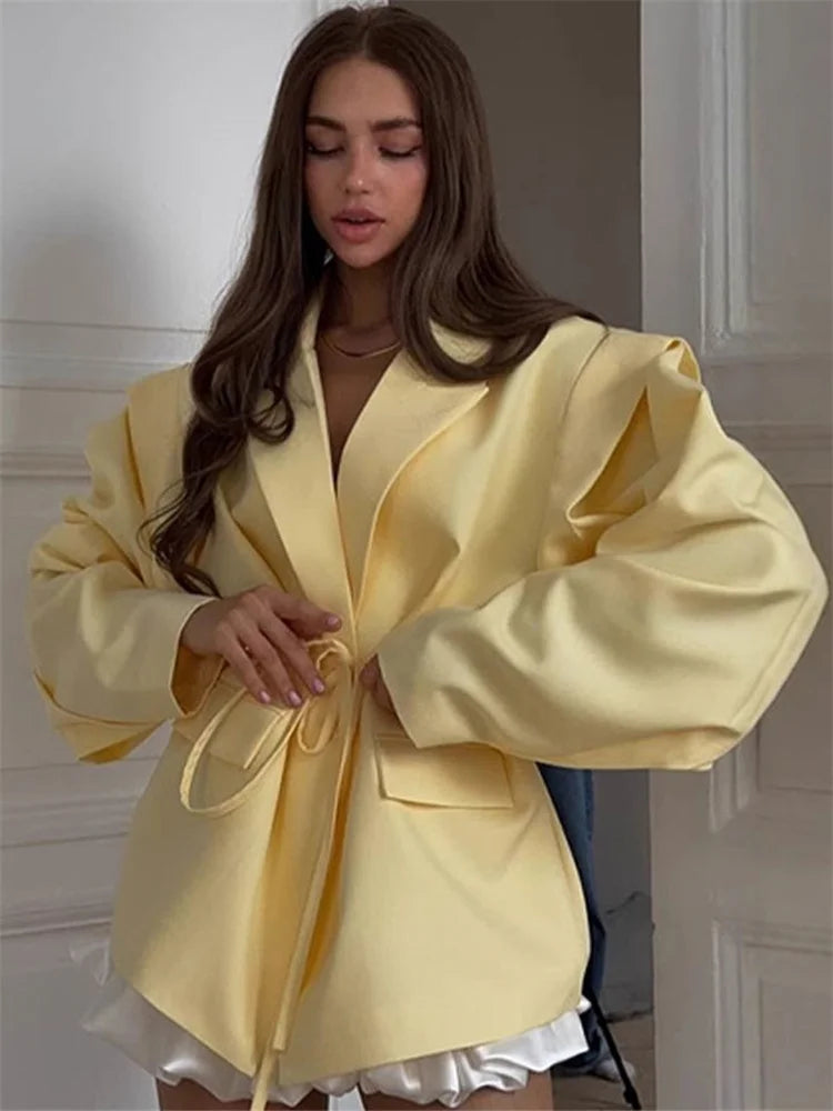 Tossy Elegant Commute Suit jacket Female Lace-Up Loose Pocket Patchwork Lapel Party Looks Outwear For Women Bandage Coat jacket