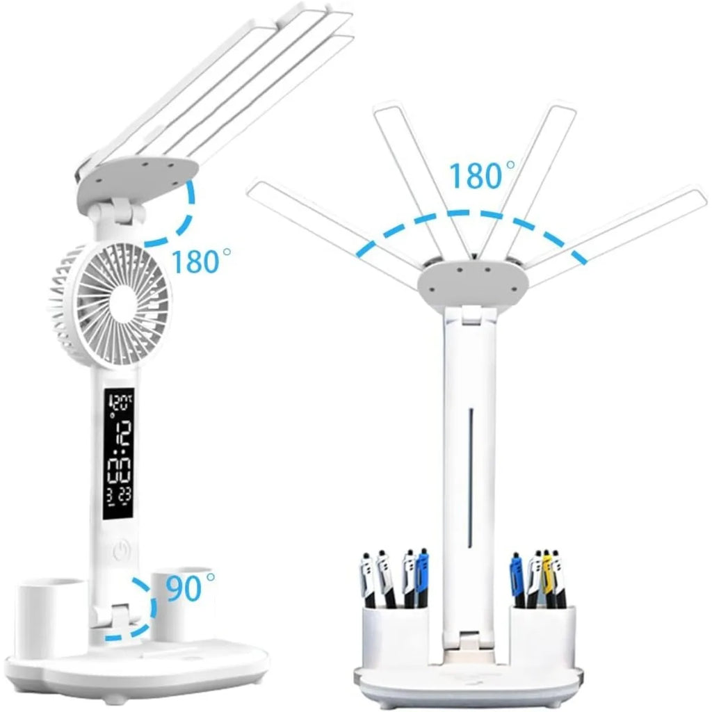 3 Color LED Table Lamp with Fan And Clock Four Headed Folding USB Charging Multifunction Desk Lamp for Reading Night Light