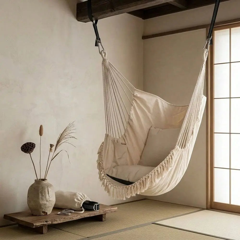 Boho Macrame Hanging Hammock Chair With Cushioned Seat