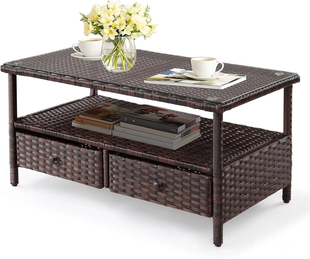 Outdoor Wicker CoffeeTable Patio Coffee Tables for Outside, Tempered Glass Top Wicker Table with Storage Coffee Table for Patio