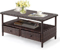 Outdoor Wicker CoffeeTable Patio Coffee Tables for Outside, Tempered Glass Top Wicker Table with Storage Coffee Table for Patio