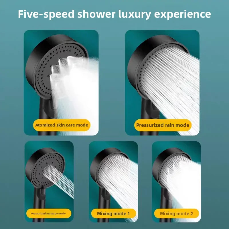 Black 5 Modes Shower Head Adjustable High Pressure Water Saving Shower Head Water Massage Shower Head Bathroom Accessories