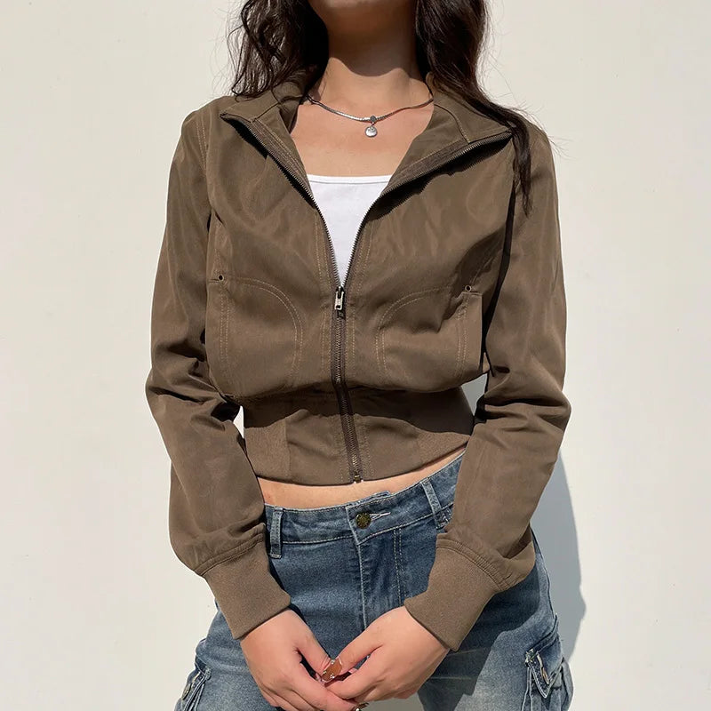 Vintage Cropped Jackets for Women Harajuku Casual Slim Fit Zipper Coat Y2K Streetwear Long Sleeve Outerwear Autumn