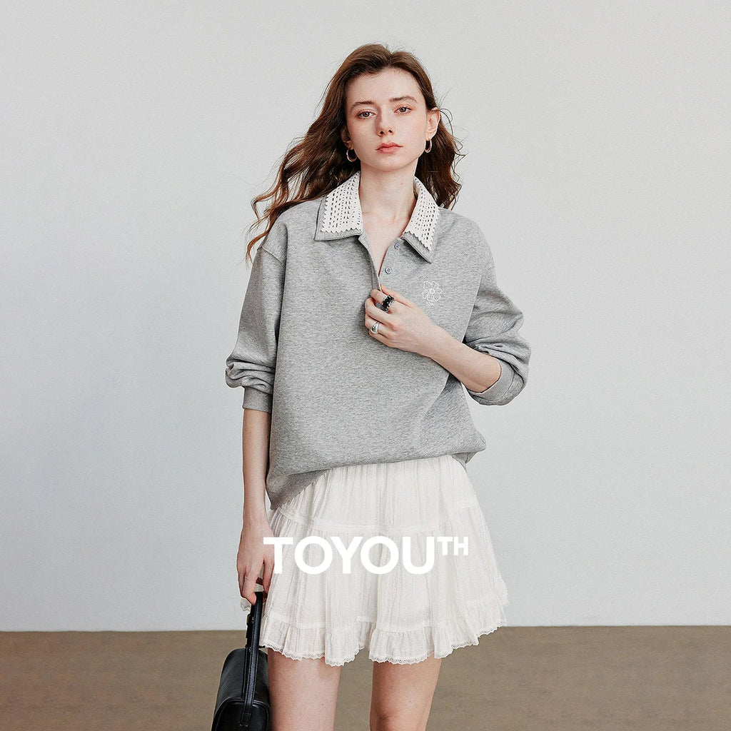 TOYOUTH Women Sweatshirt 2025 Autumn New Green Velvet Embroidery Contrasting Color Splicing Double Layer Collar Pullover Hoodies