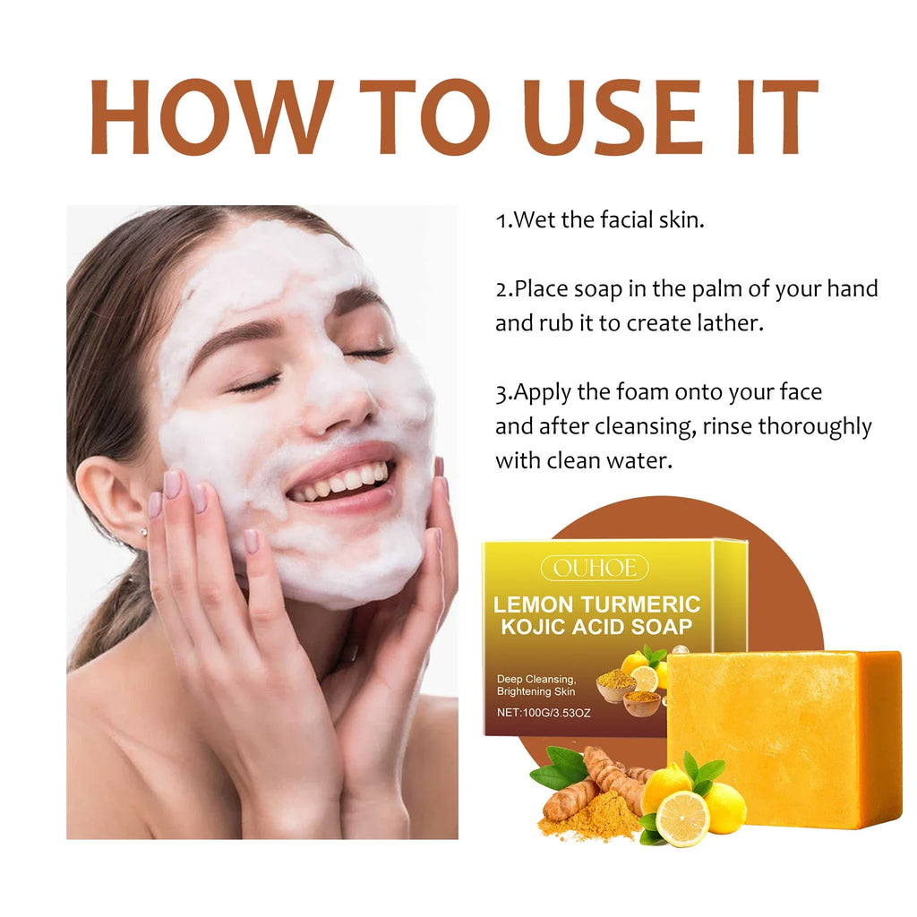 Lemon Turmeric Kojic Acid Soap Brightening Deeply Cleansing Glowing Body Rejuvenating Exfoliating Even Skin Tone Handmade Soap