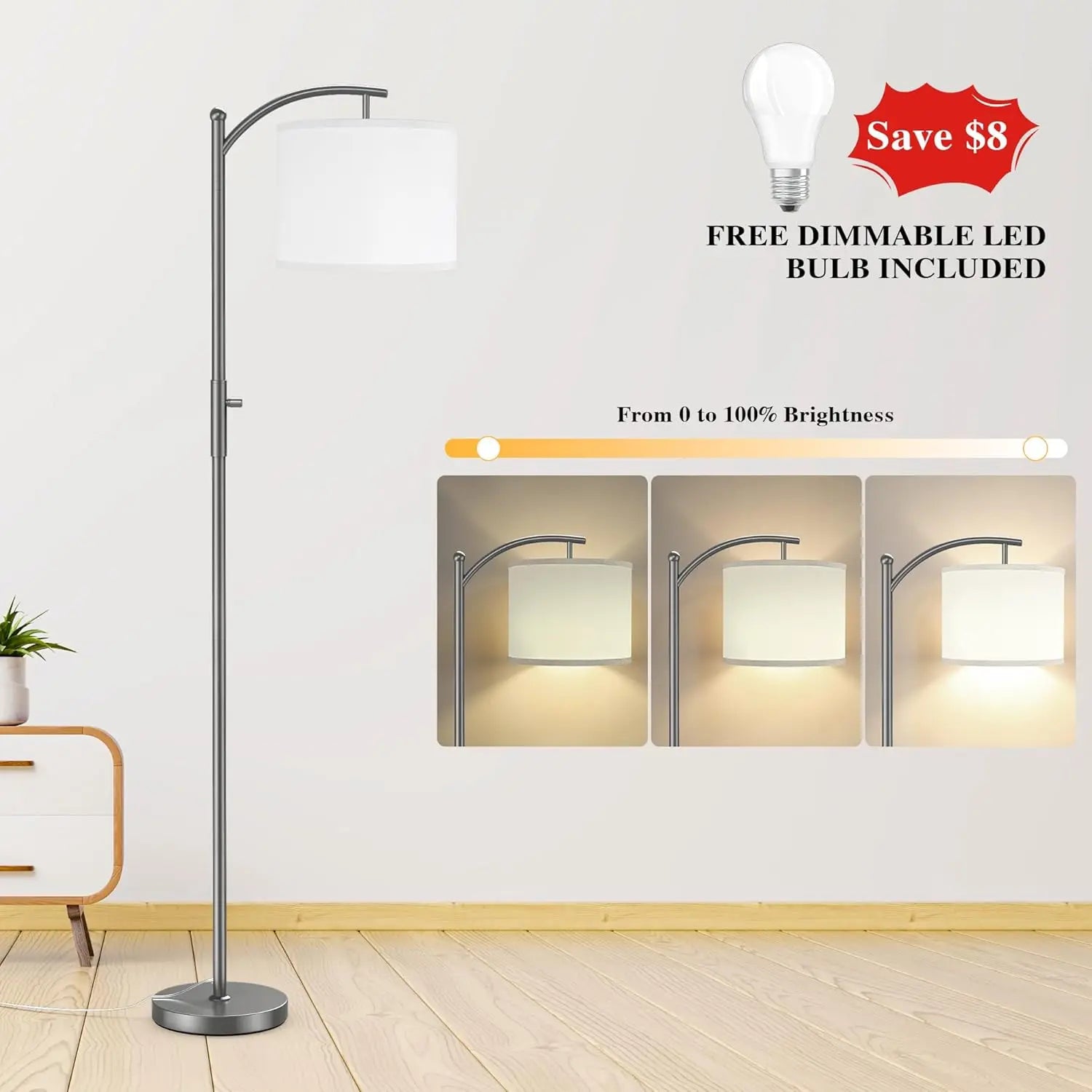 Dimmable Arc Floor Lamp With Linen Shade Stepless Dimming