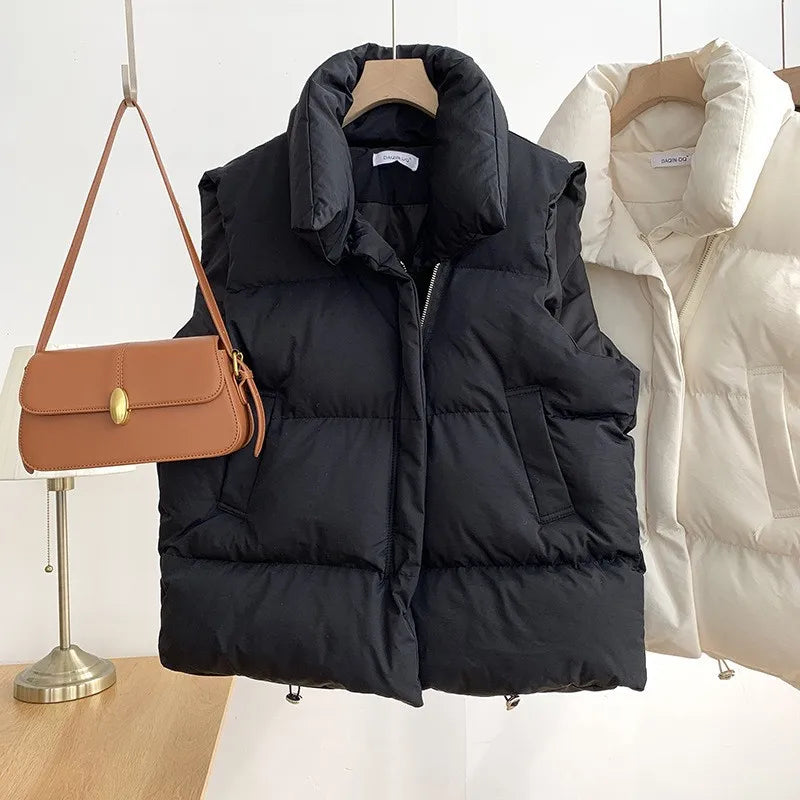 Women Fashion Autumn New 2024 Stand Collar Elegant Down Coats Warm Outerwear Casual Belt Sleeveless Winter Women Vests Jackets