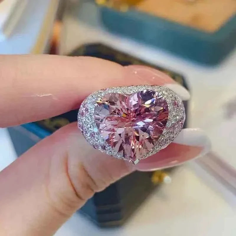 Big Pink Crystal LOVE Heart Open Ring